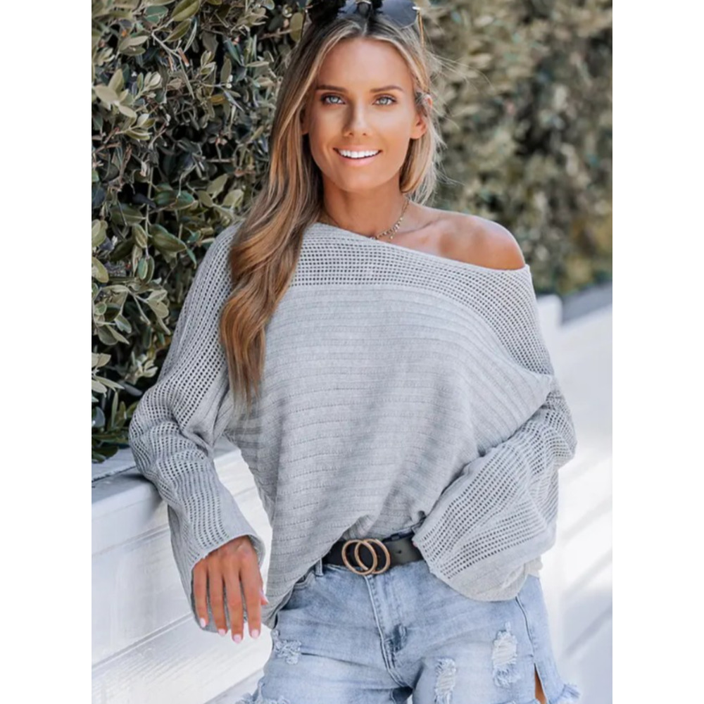 Womens Rib Cutout Oversized Pullover Sweater Large Gray Vacation Fashion Beach